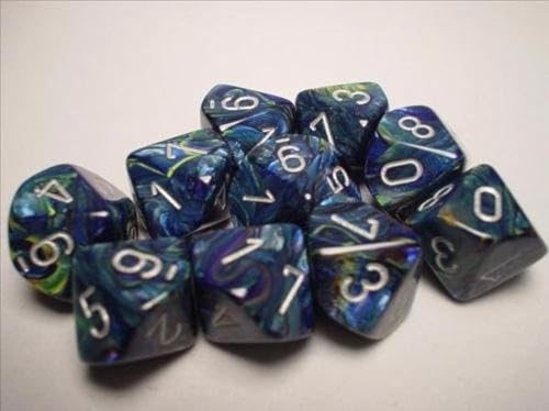 Chessex Dice Sets: Festive Green with Silver (Blue-Green) - Ten Sided Die d10 Set (10) von Chessex