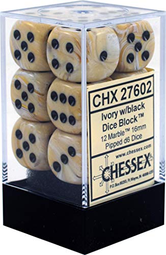 Chessex Dice d6 Sets: Marble Ivory with Black - 16mm Six Sided Die (12) Block of Dice by Chessex von Chessex