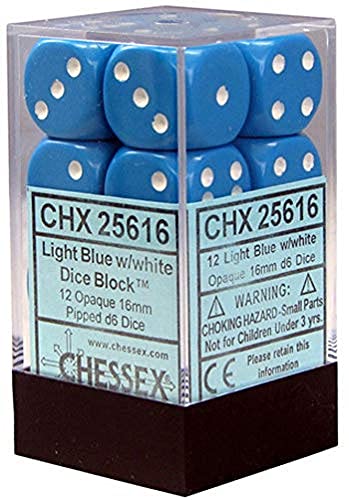 Chessex Opaque 16mm d6 with pips Dice Blocks (12 Dice) - Light Blue w/White von Chessex