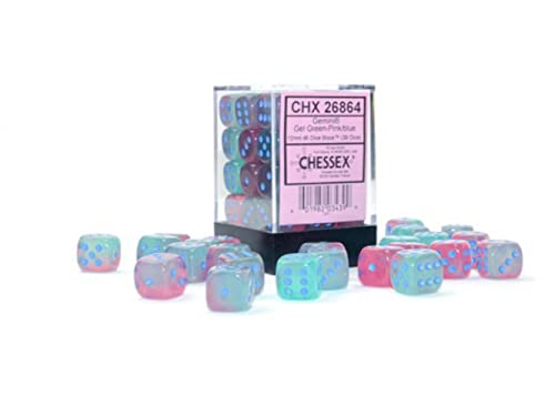 Gemini 12mm d6 Gel Green-Pink/Blue Luminary Dice Block (36 dice), (CHX26864) von Chessex