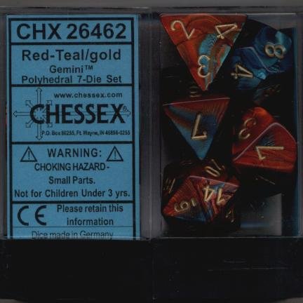 Polyhedral 7-Die Gemini Dice Set: Red / Teal with Gold (d4, d6, d8, d10, d12, d20 & d00) von Chessex