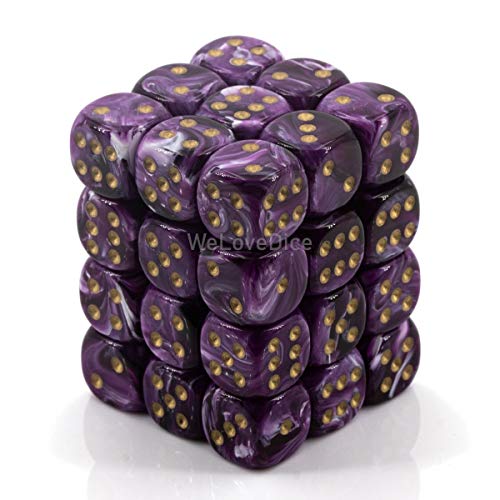 Würfelblock mit 36 D6 Vortex Purple w/Gelb von Chessex