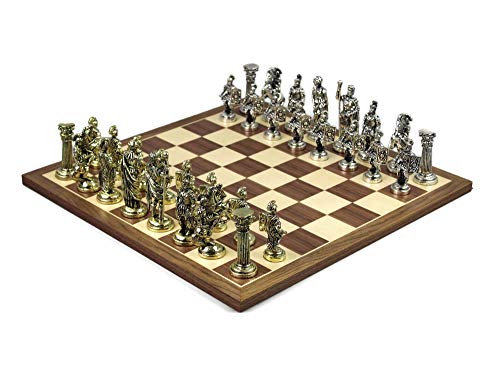 Chessgammon Holzschach-Set für Erwachsene, handgefertigt, groß, luxuriös, traditionelle Spiele, Walnuss- und Ahornbrett mit gewichteten römischen Metall-Schachfiguren, 45,7 cm von Chessgammon