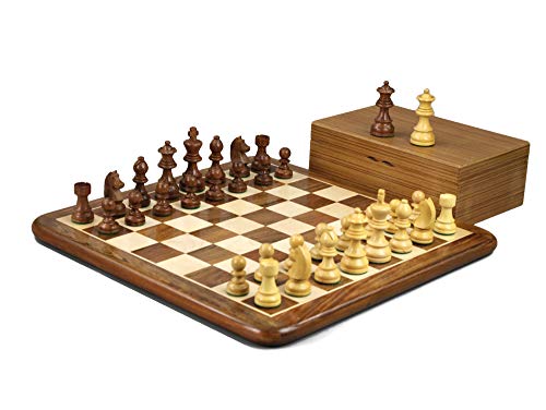 Schachset, flaches Brett, handgefertigt, eingelegt, sehr schwer, massives Sheesham-Holz, 40,6 cm, Spiel mit gewichtetem Sheesham, deutsche Stunton-Schachfiguren, 7 cm von Chessgammon