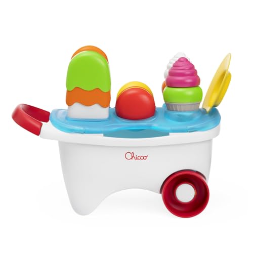 Chicco Eiscreme-Wagen Spielzeug, 2in1-Spielzeug, Stapeln und Zusammenstecken, Rollenspiel, praktischer Griff und Freilauf, 19-teiliges Spielset zur Herstellung von leckeren Süßigkeiten, 12-36 M von Chicco