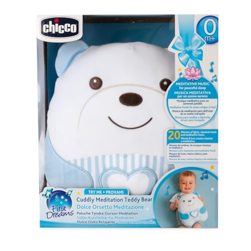 Chicco Kuscheltier Cuddly Meditation Bear, weicher elektronischer Plüsch Teddybär für Kinder, weiche Füllung, 20 Minuten entspannende und Meditative Musik, sanftes Licht, 0 Monate +, Hellblau von Chicco