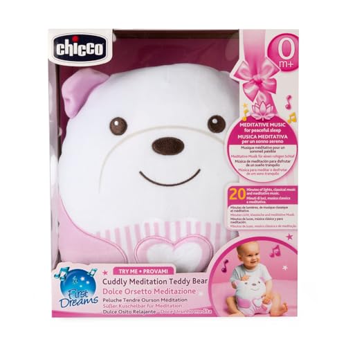 Chicco Kuscheltier Cuddly Meditation Bear, weicher elektronischer Plüsch Teddybär für Kinder, weiche Füllung, 20 Minuten entspannende und Meditative Musik, sanftes Licht, 0 Monate +, Rosa von Chicco