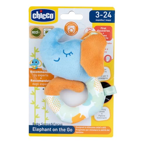 Chicco Soft Rassel Elefant, Aus weichem recyceltem Stoff, mit Rassel im Inneren, leicht zu greifen, um an Kinderwagen oder Autositz zu befestigen, 3-24 Monate von Chicco