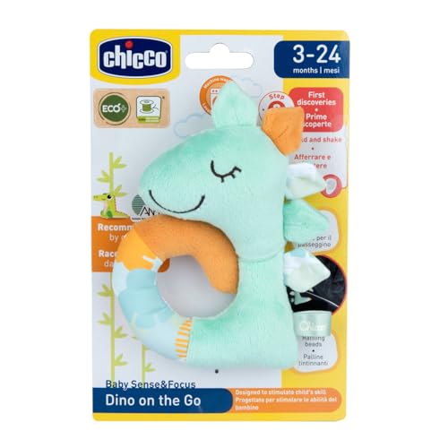 Chicco Soft Rassel Dinosaurier, Aus weichem recyceltem Stoff, mit Rassel im Inneren, leicht zu greifen, um an Kinderwagen oder Autositz zu befestigen, 3-24 Monate von Chicco