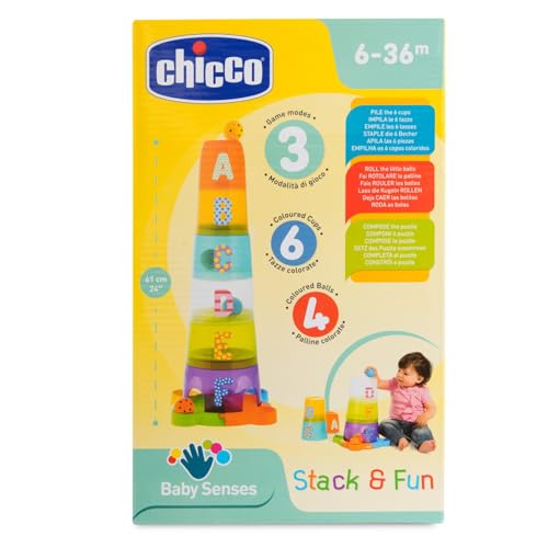 Chicco 2in1 Stapelbecher und Kugelbahn, 6 stapelbare Formen und verschiedene Kugel mit Buchstaben und Farben. Baue einen Turm, 6M+ von Chicco