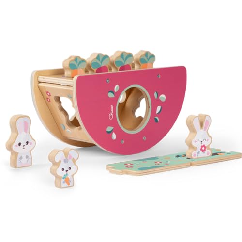 Chicco Bunny Hill, Holzspielzeug für Kinder ab 2 Jahren, inspiriert von der Montessori-Methode, 2in1 Spielset Formzentrum und Balance-Aktivität, 3 Figuren, 4 Gemüse, 2 Puzzleteile von Chicco