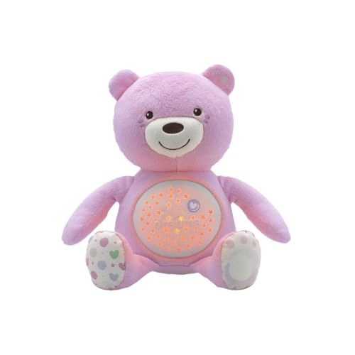 Chicco First Dreams Baby Bär Plüsch-Teddybär, weicher Projektor mit Nachtlicht, Lichteffekten und entspannenden Melodien, Rosa - Kinderspielzeug 0+ Monate von Chicco