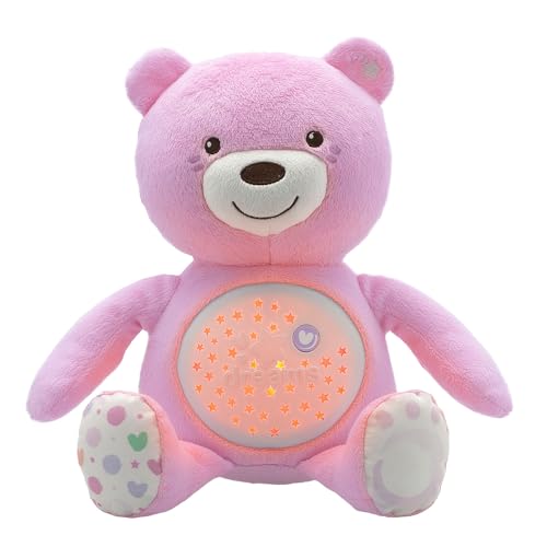 Chicco First Dreams Baby Bär Plüsch-Teddybär, weicher Projektor mit Nachtlicht, Lichteffekten und entspannenden Melodien, Rosa - Kinderspielzeug 0+ Monate von Chicco