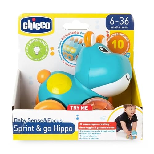 Chicco Hippo Sprint&Go Game, Elektronisches Rückwärtsgang-Tier, Mit Melodien, Geräuschen und Lichtern, Krabbelanregung, Gummiräder, 6-36 m von Chicco