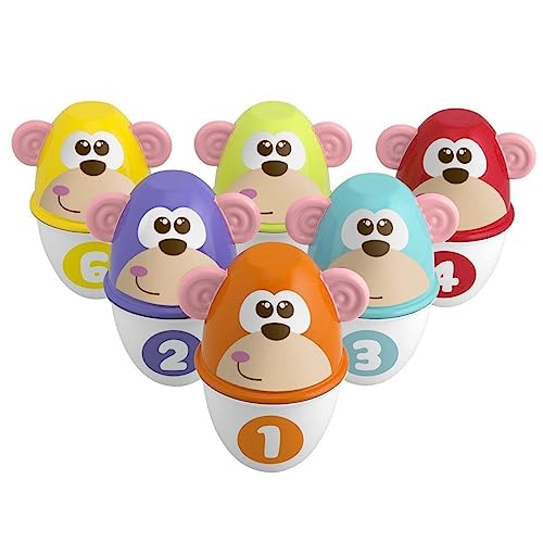 Chicco Monkey Strike Kids Bowling Set - Kegelspiel für Kinder mit 6 trennbaren Pins, stapelbar in 12 Teile, inklusive Kunststoffball - Kegelspielzeug, Geschenke für Kinder von 18 Monaten bis 8 Jahren von Chicco