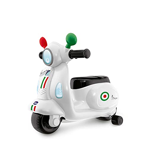 Chicco Motorrad Rutscher für Kinder Vespa Primavera, Kinderfahrzeug mit Elektronischem Bedienfeld, Lichtern und Geräuschen, Abnehmbare Stützräder, Max 25 kg, Kinderspielzeug von 1-3 Jahren von Chicco