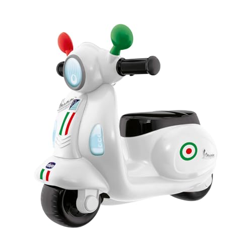 Chicco Motorrad Rutscher für Kinder Vespa Primavera, Kinderfahrzeug mit Elektronischem Bedienfeld, Lichtern und Geräuschen, Abnehmbare Stützräder, Max 25 kg, Kinderspielzeug von 1-3 Jahren von Chicco