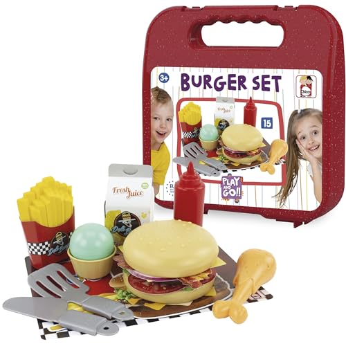 Chicos - Burger-Aktentasche. Enthält 15 Spielzeugzubehörteile zum Zubereiten und Kochen köstlicher Hamburger für Kinder im Alter von 3, 4 und 5 Jahren (87104) von Chicos