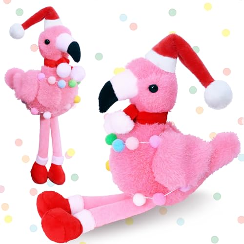 26cm Flamingo-Plüschtier, Weihnachts-Pink-Flamingo-Plüsch, bunte Ballschnur mit Weihnachtsmannmütze für die Feiertagsdekoration, Weihnachts-Wintergeschenke, Flamingo-Spielzeuggeschenk für Mädchen von ChilArt