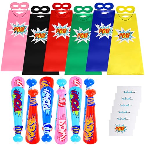 ChilArt 6Pcs Superhelden Kinderkostüm Kinder,Kinder Superheld Umhänge und Masken mit Pow aufblasbare Baseballschläger und große Superheld Aufkleber- Kindergeburtstag Geschenk von ChilArt