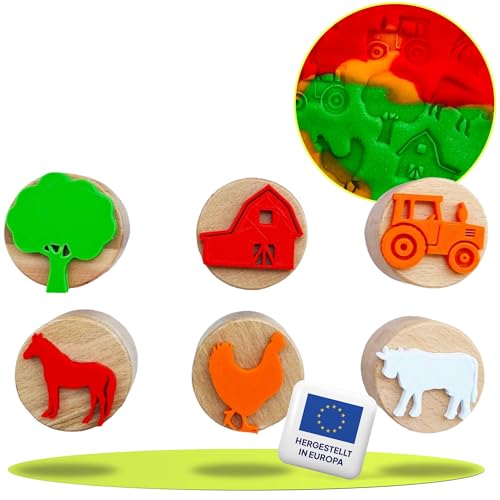 ChildGen Holzstempel, Bauernhof- Set, 6X Stempel, 100% natürlichem Holzmaterial, Geschenkidee für Kinder, Knetwerkzeug, Knete Zubehör, Knetzubehör, Kinderspielzeug, Spielzeug von ChildGen