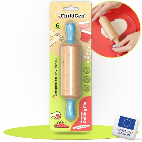 ChildGen Kinder Teigroller, Buchholz, Knete Zubehör, Knetwerkzeug, Knetzubehör, Nudelholz Kinder - Blau von ChildGen