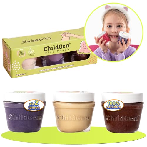 ChildGen Knete Play Dough, ungiftig, 100% natürliche Inhaltsstoffe, Knete, Kinderknete, Knete ab 2 Jahre, Knetezubehör, Knetset, Knete 3er Set, Spielknete Lila, Weiss, Braun -375g von ChildGen