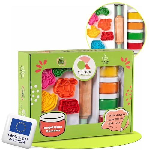 ChildGen Knete Set, Premium Fahrzeuge Spielknete-Set, Knete Zubehör, Spielknete, Teigrolle für Kinder, Ausstehformen, Knetwerkzeug, Lernspielzeug, Kinder ab 2 Jahren von ChildGen