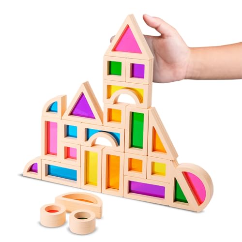 Childlike Behavior Bausteine Holz-Acryl Montessori Spielzeug - Regenbogen Holzbauklötze 25-er Set mit 8 Formen und bunten Farben zur Förderung der Form- und Farberkennung - bauklötze von Childlike Behavior