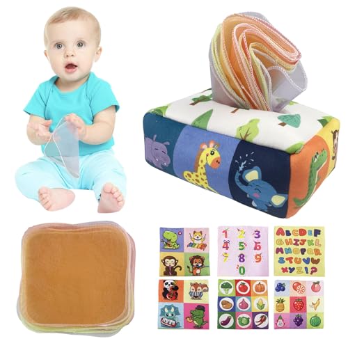 Chiluxendo Spielzeug Sensorische 6 Monate, Knisterspielzeug Tücherbox, Tissue Montessori Box, Taschentuchbox Kinder, Sensorik Spielzeug für 0-12 Monate Jungen Mädchen Geschenke Lernspielzeug von Chiluxendo