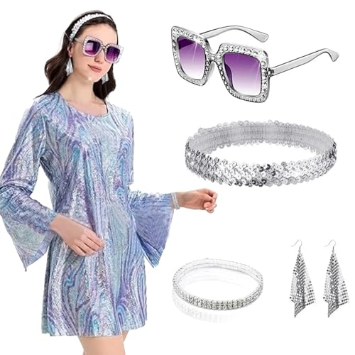 70er Jahre Outfit Damen, Disco Kostüm Damen, Hippie Kostüm Damen, Disco Outfit Damen, Hippie Glitzer Kleid Set mit Ohrringe Armband Retro Brille, 60er70er Party für Karneval, Cosplay, Faschingskostüme von Chingcoo