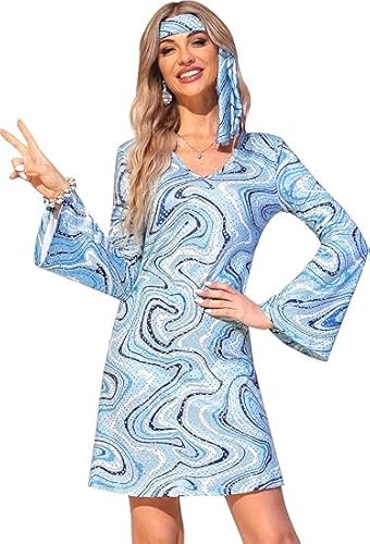 Chingcoo 70er Disco outfit Damen, hippie kostüm damen, Faschings kostüme, hippie kleid, Für Halloween, Retro Partys, Kostümpartys (Blau, L) von Chingcoo