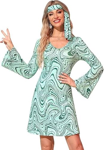 Chingcoo 70er Jahre Outfit Damen, hippie kostüm damen, Faschings kostüme, hippie kleid, Für Halloween, Retro Partys, Kostümpartys (Grün, L) von Chingcoo