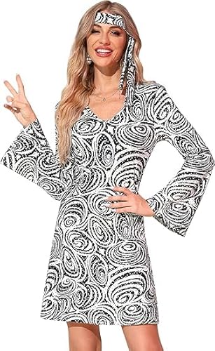 Chingcoo 70er Jahre Outfit Damen, hippie kostüm damen, Faschings kostüme, hippie kleid, Für Halloween, Retro Partys, Kostümpartys (schwarz/weiß, L) von Chingcoo