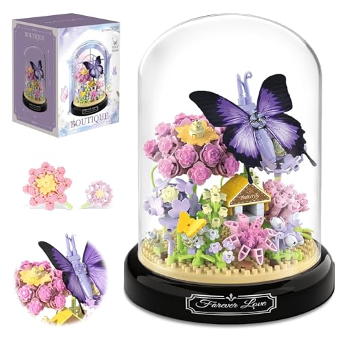 Chingcoo Violette Schmetterlinge，582 PCS Micro Mini Baustein Set, Blumen Insekten Klemmbausteine mit Staubdichter Kuppel und Sockel, Geschenk für Mädchen ab 6 Jahren und Erwachsene von Chingcoo