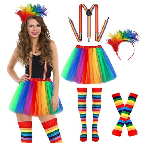 Chingcoo Regenbogen Kostüm Damen, 5 Stück Karneval Kostüm Damen, Regenbogen Tüllrock Regenbogen Rock Haarreif Ärmel Socken Damen Regenbogen Kostüm Damen für Halloween Fasching Mottoparty von Chingcoo