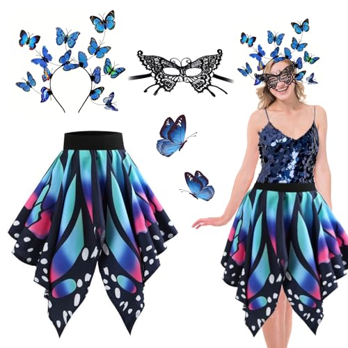 Chingcoo Schmetterling Kostüm Damen, Schmetterling Rock, Schmetterling Haarreif,Spitzenmaske, Karneval Kostüm, Schmetterling Kostüm, Karneval Kostüm Damen für Damen Cosplay Mottoparty Faschingskostüme von Chingcoo