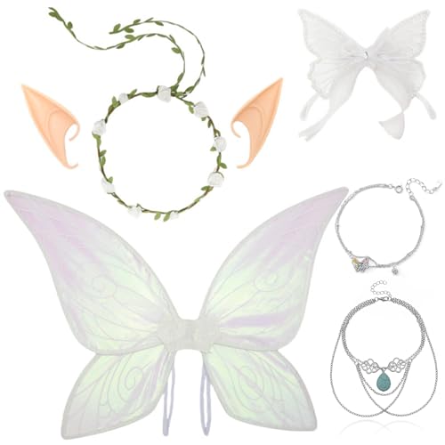 Feenflügel Kostüm Set , elfenkostüm Damen, Elfenflügel mit Elfenohren Blumenkranz, Kopfbedeckungen, Armbänder, Armketten, Karnevalskostüm Damen, feenflügel Erwachsene Kinder (Weiß) von Chingcoo