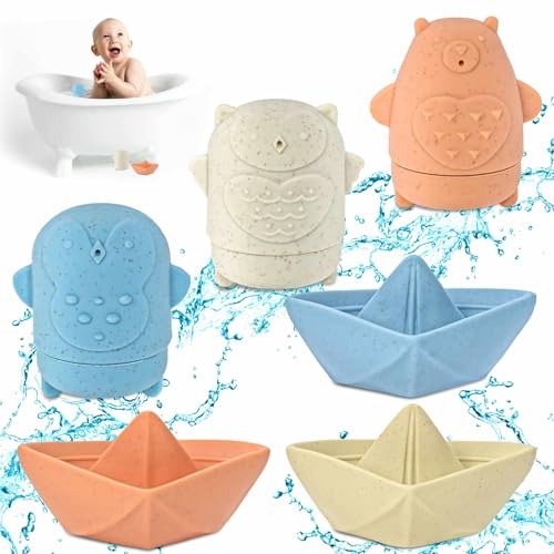 Badespielzeug Baby ab 1 2 Jahr, Baby Kinder Silikon Badewannenspielzeug Schimmelfreies, Ohne Loch Wasserspielzeug Baby Badewanne Spielzeug mit Spritztiere/Badeboote von Chinloca