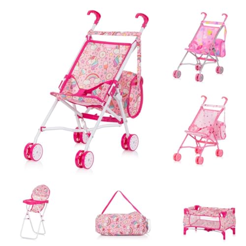 Chipolino Puppen-Zubehör-Set 3in1 Trixy Buggy Hochstuhl Tasche Laufstall faltbar, Farbe:pink von Chipolino