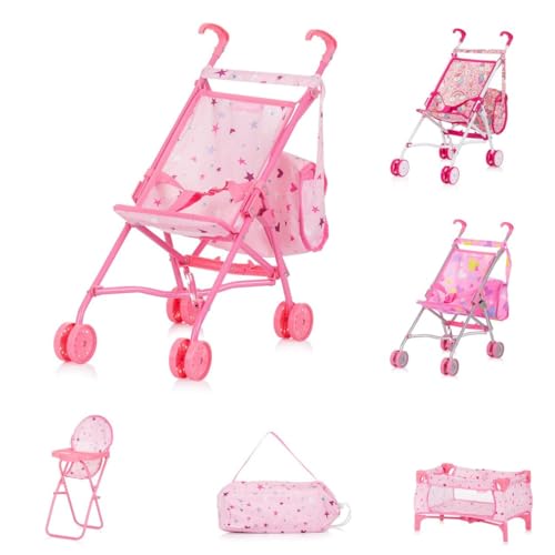 Chipolino Puppen-Zubehör-Set 3in1 Trixy Buggy Hochstuhl Tasche Laufstall faltbar, Farbe:rosa Sterne von Chipolino