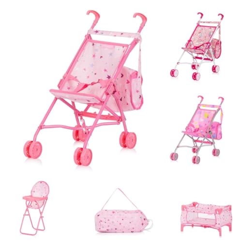 Chipolino Puppen-Zubehör-Set 3in1 Trixy Buggy Hochstuhl Tasche Laufstall faltbar, Farbe:rosa Sterne von Chipolino