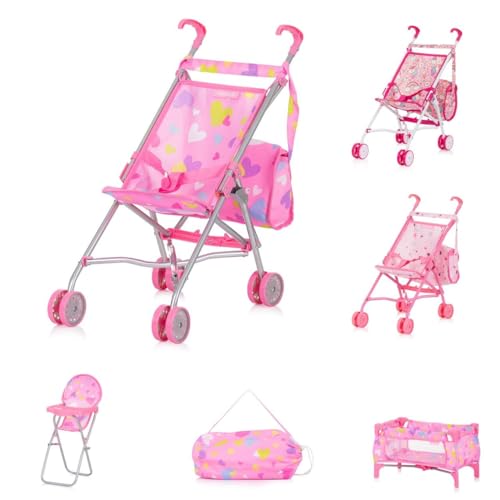 Chipolino Puppen-Zubehör-Set 3in1 Trixy Buggy Hochstuhl Tasche Laufstall faltbar, Farbe:rosa von Chipolino