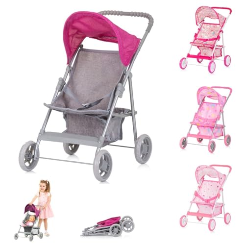 Chipolino Puppenwagen Alice Aufbewahrungskorb klappbar, Sonnendach verstellbar, Farbe:grau pink von Chipolino