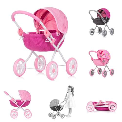 Chipolino Puppenwagen Daisy klappbar, Sonnendach, Vier große Räder, ab 3 Jahren, Farbe:pink von Chipolino