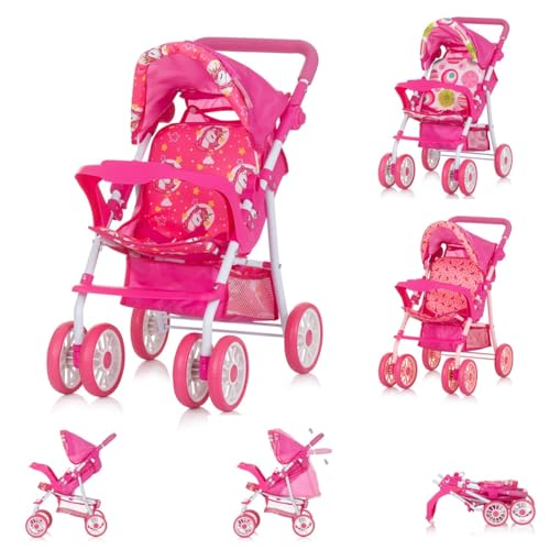 Chipolino Puppenwagen Dolly Korb faltbar Frontbügel Fußstütze Griff verstellbar, Farben:pink von Chipolino