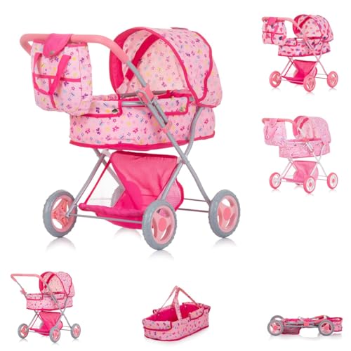 Chipolino Puppenwagen Dora Tasche, klappbar, Softtragetasche, Korb, Sonnendach, Farbe:rosa Schmetterlinge von Chipolino