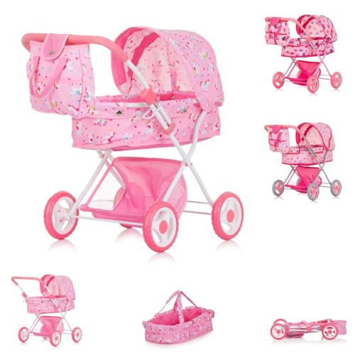 Chipolino Puppenwagen Dora Tasche, klappbar, Softtragetasche, Korb, Sonnendach, Farbe:rosa von Chipolino