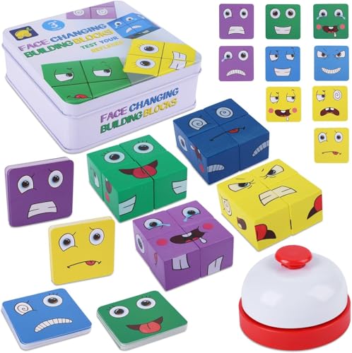 Holzwürfel Puzzle, Face Changing Magic Cube, Geschichtenwürfel, Emoji Blocks Baustein Montessori Spielzeug, 3D Puzzle Face-Changing Magic Cube Set für 2 3 4 5 6 Kinder Gift von Chithor