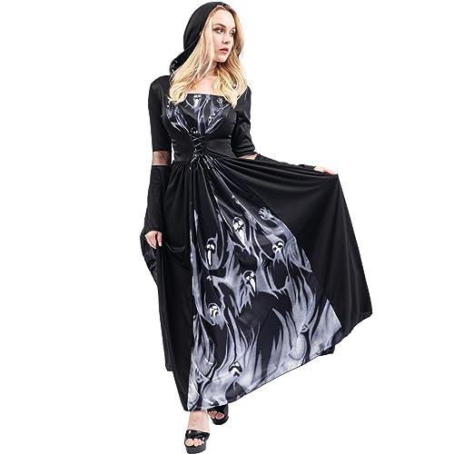 Chitomars Halloween Kostüm Damen, Halloween Kleidung mit Kapuze Party Maskerade Karneval Bühnenstück Göttin Vampir Kostüm Retro Ballkleid Schnüreni Kleider mit Kapuze von Chitomars